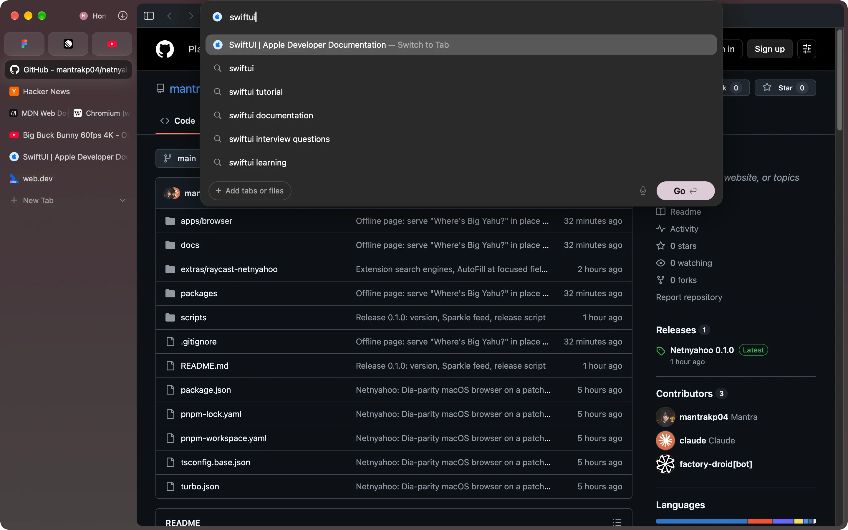 The command bar open over a page, with “swiftui” typed: a Switch to Tab result above search suggestions.