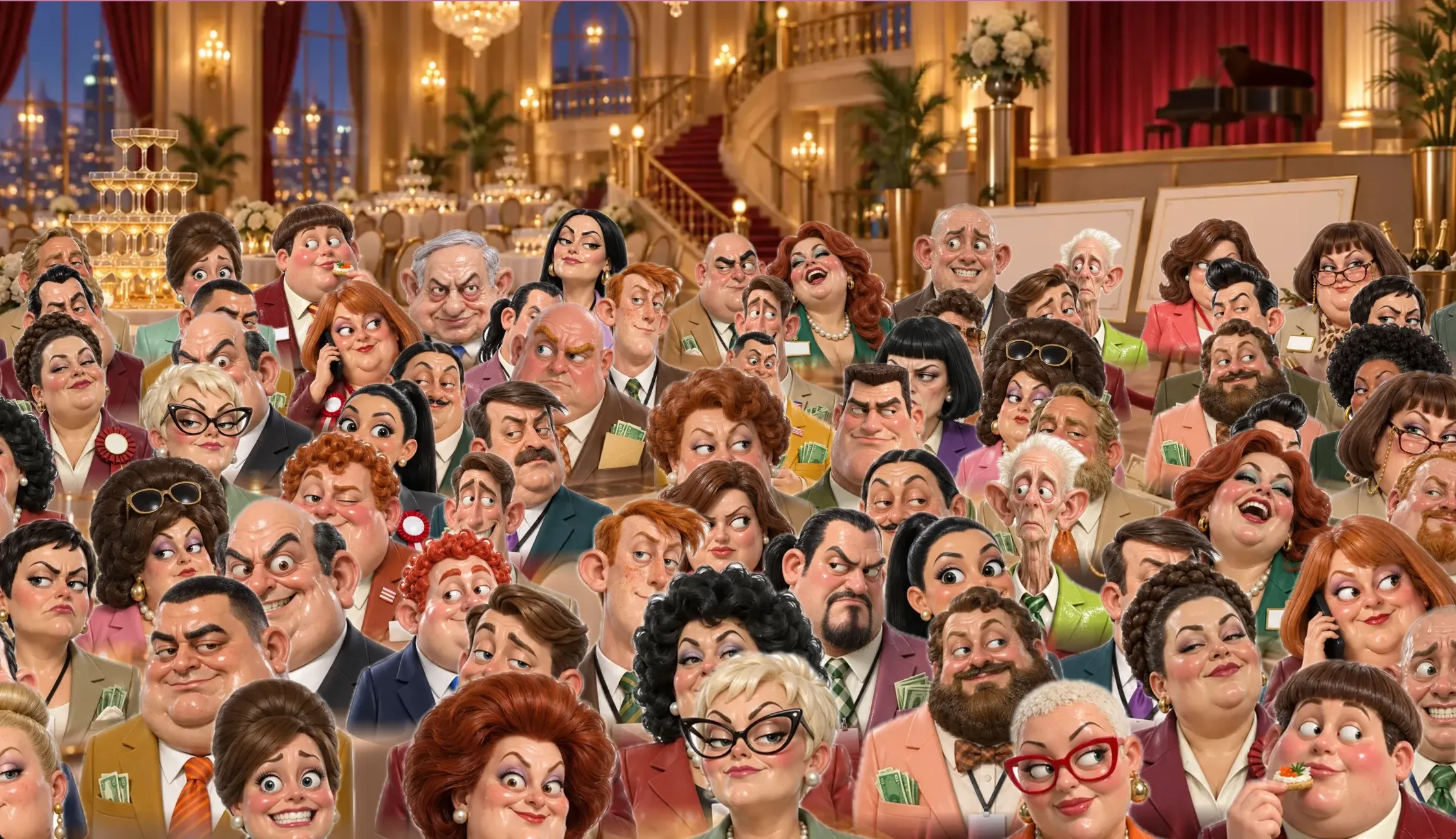 A work-in-progress screenshot of the game: a ballroom packed with caricatured party guests, Big Yahu somewhere among them.
