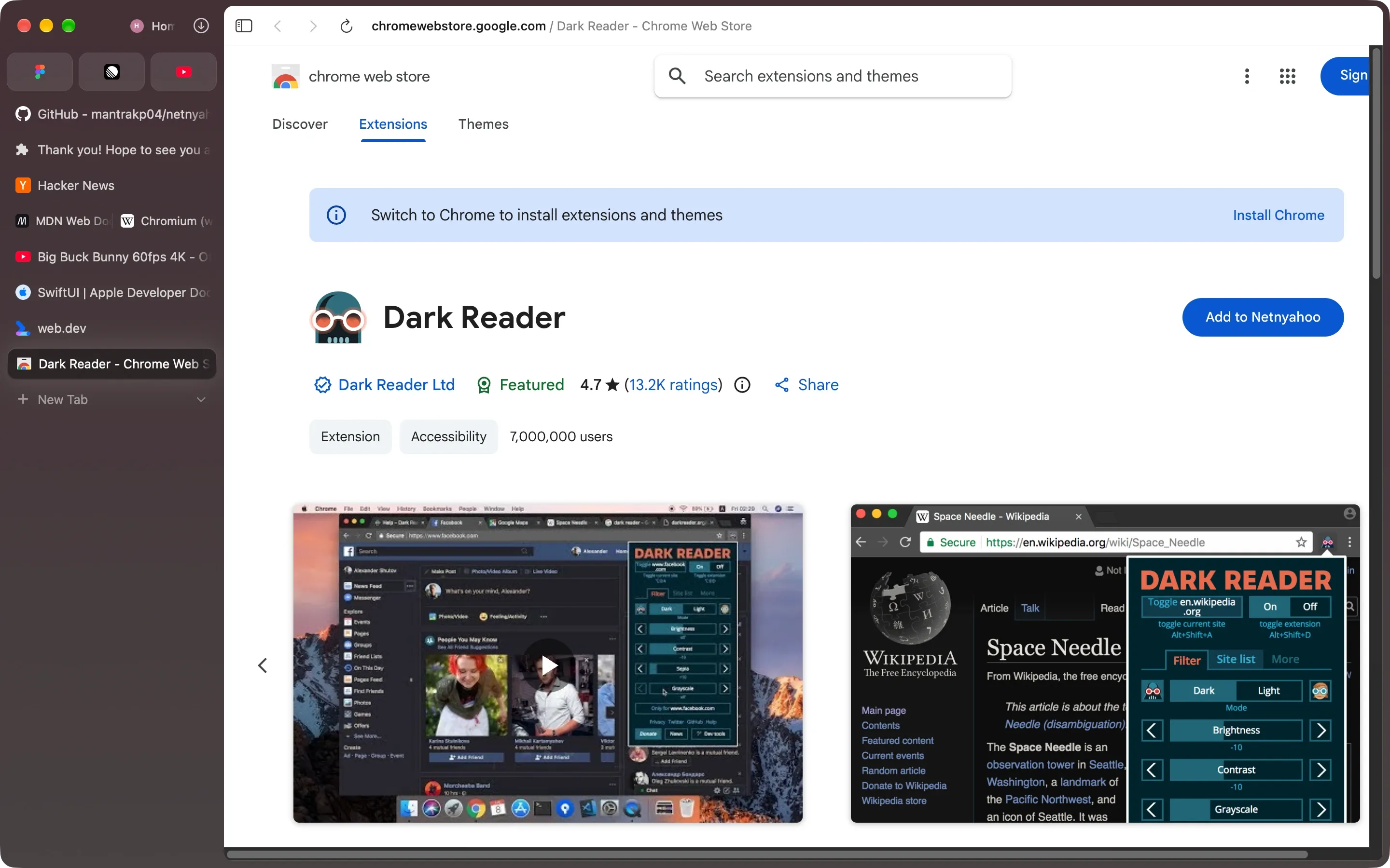 Dark Reader’s page on the Chrome Web Store, open in Netnyahoo, with an Add to Netnyahoo button.