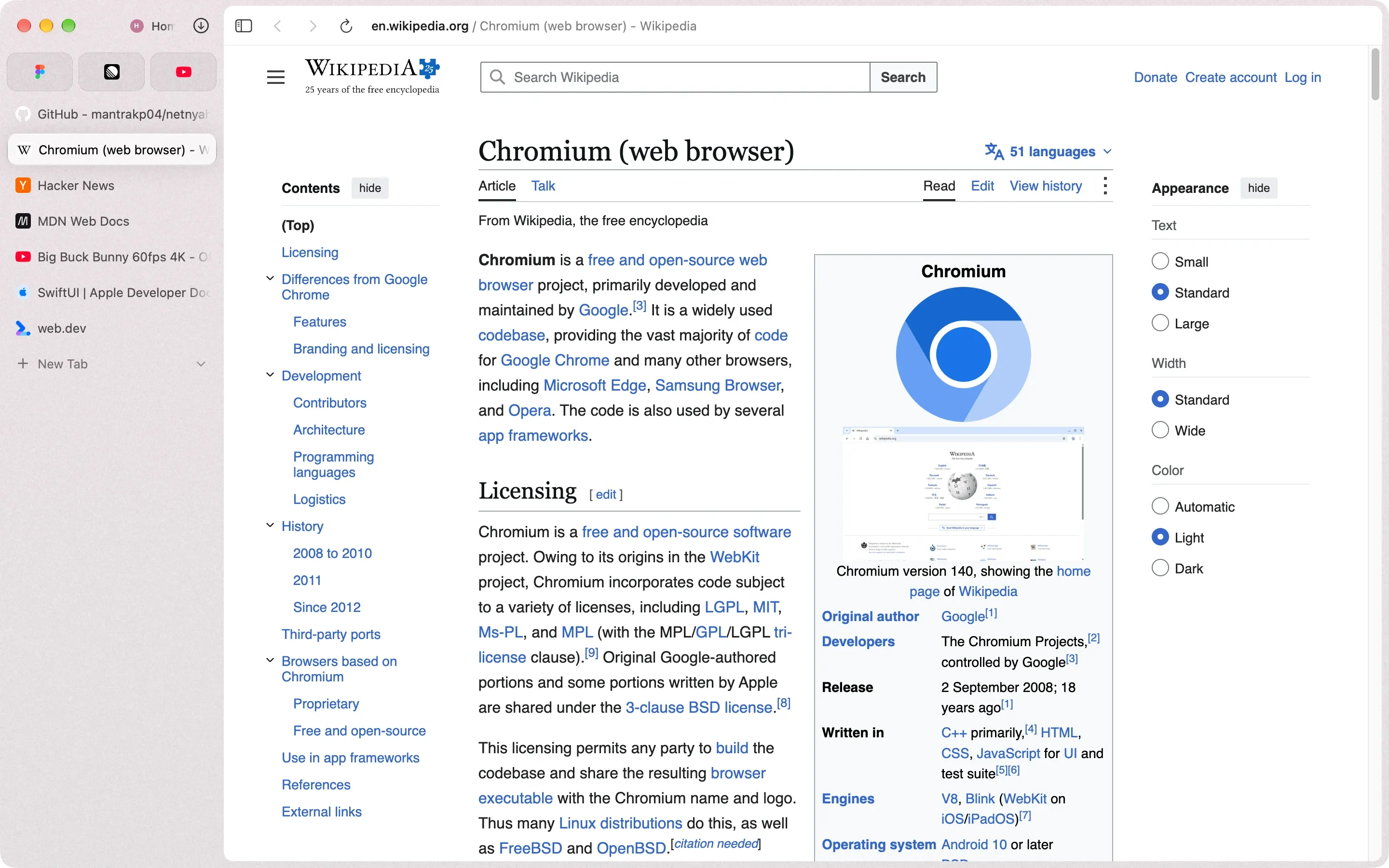 The Netnyahoo window in light mode: pinned tiles and tabs in a sidebar on the left, Wikipedia’s article on Chromium on the right.