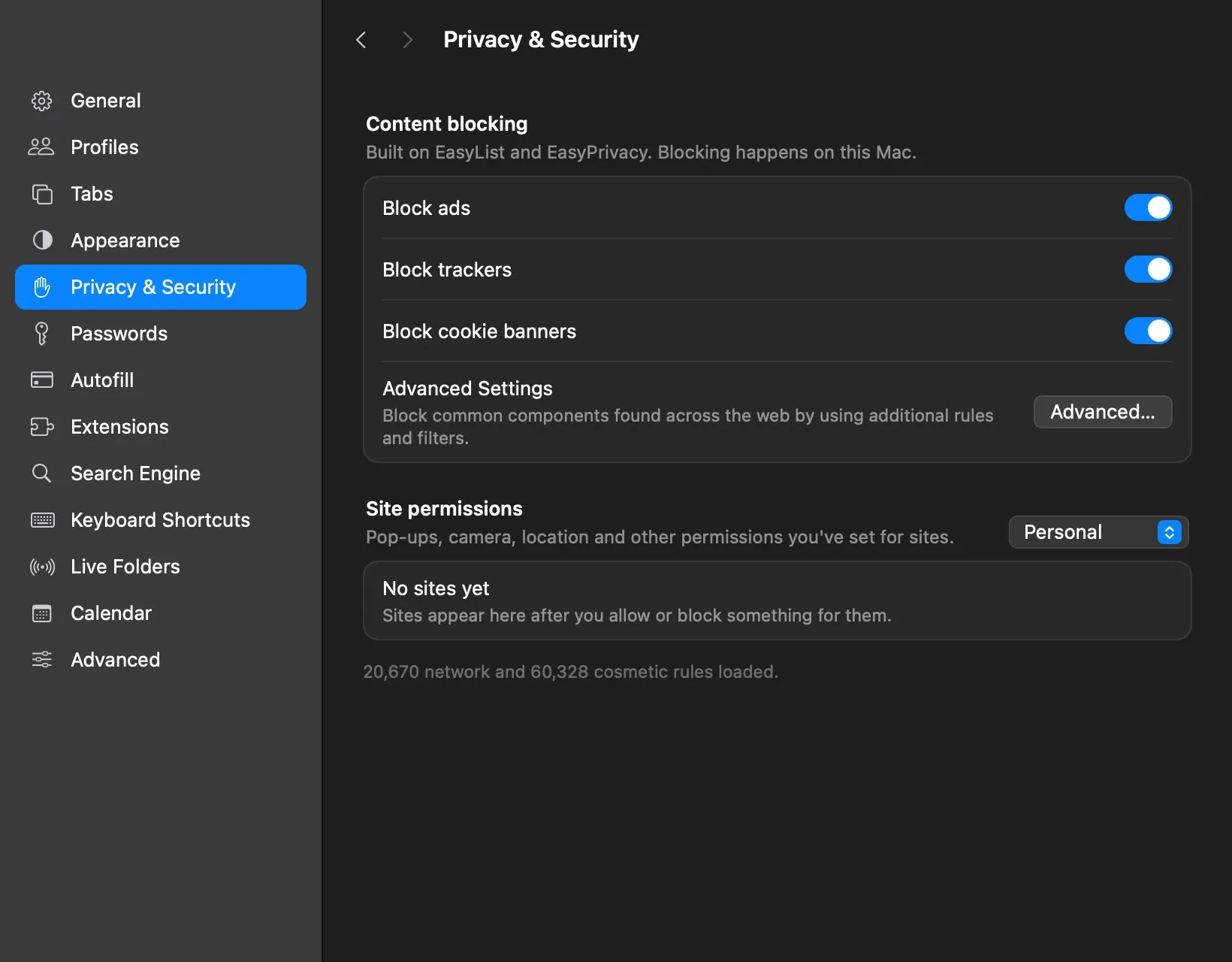 Netnyahoo’s Privacy & Security settings: switches to block ads, trackers and cookie banners, and the number of filter rules loaded.