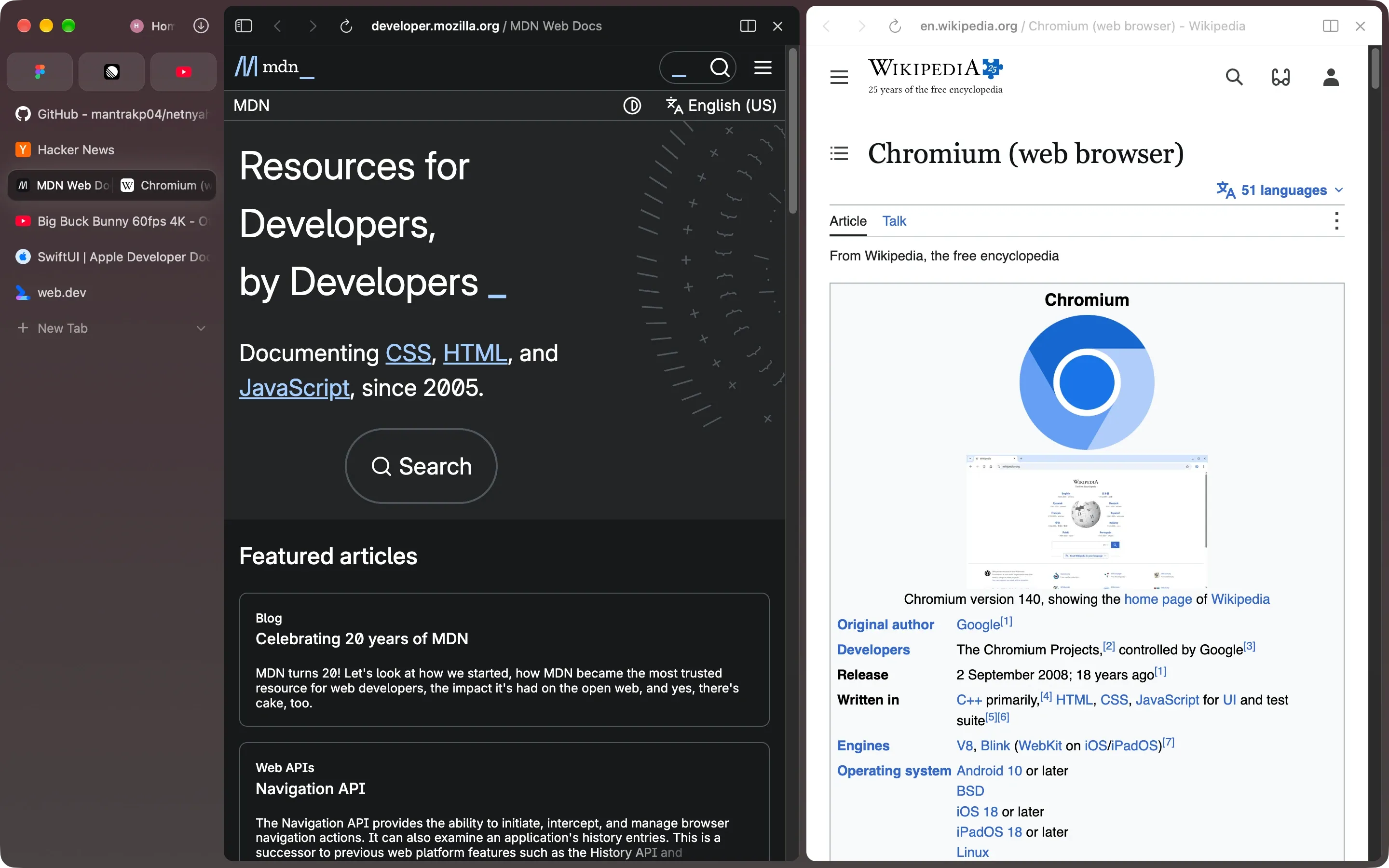 Netnyahoo in split view: MDN on the left, Wikipedia on the right, both in one window.