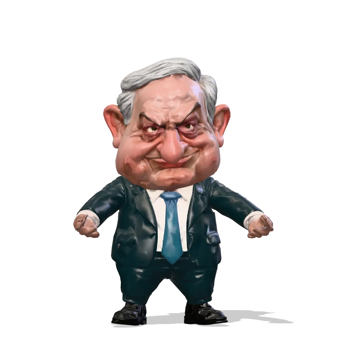 Big Yahu, the Netnyahoo mascot: a glossy toy caricature of Benjamin Netanyahu in a dark suit and blue tie.